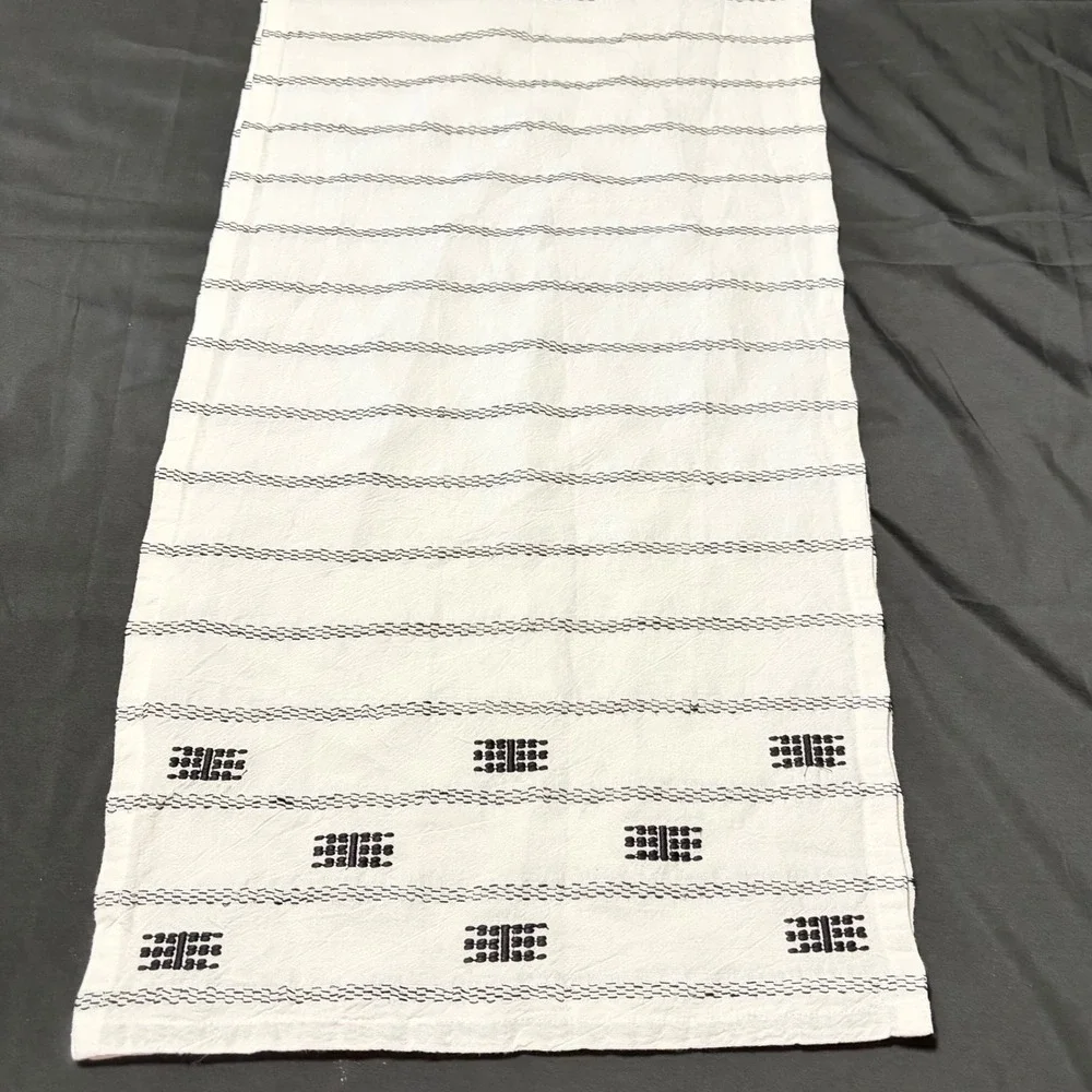 Farmhouse Table Runner White Black Striped Embroidered Boho Rustic Decor 70x14
